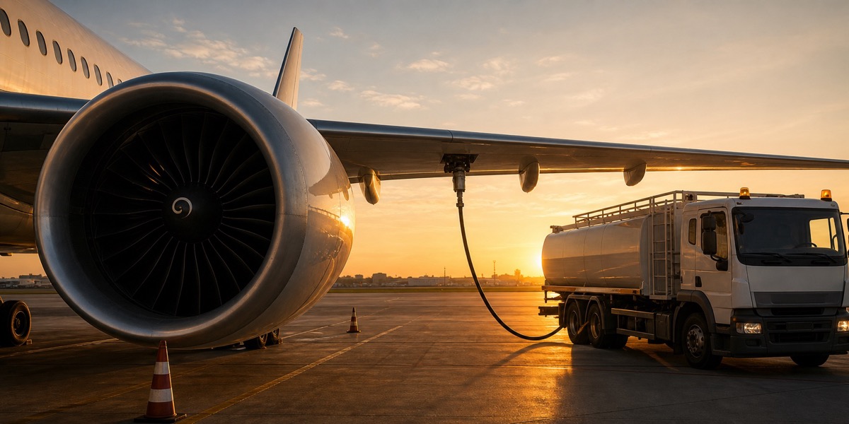 Aircraft engine and unbranded fuel truck during refueling operations at sunset