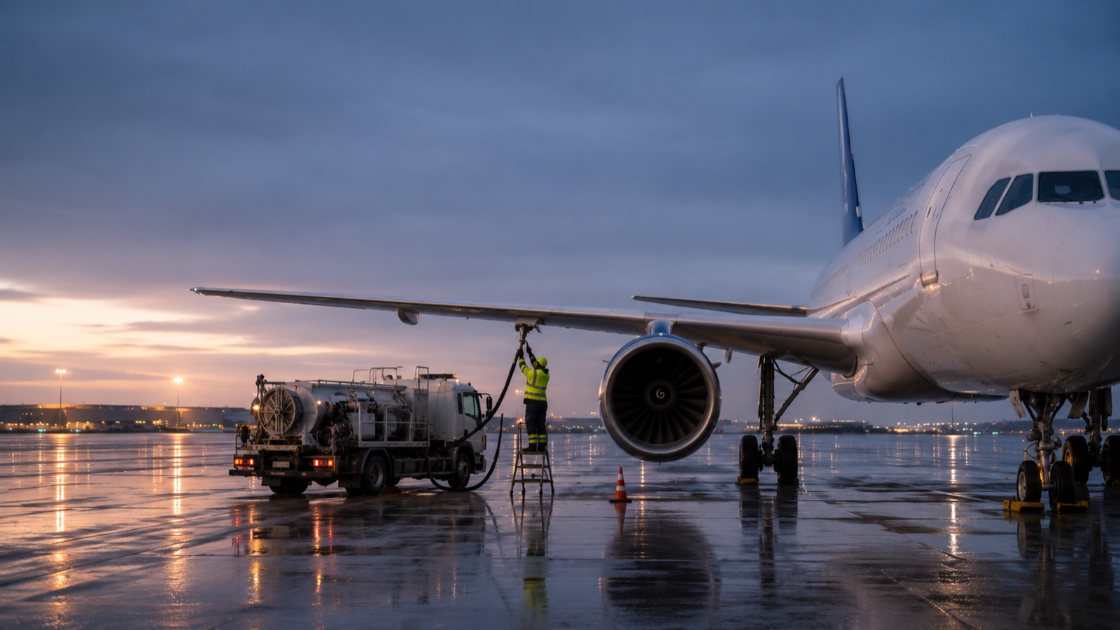 Commercial aircraft refueling operations on a wet airport apron at dawn